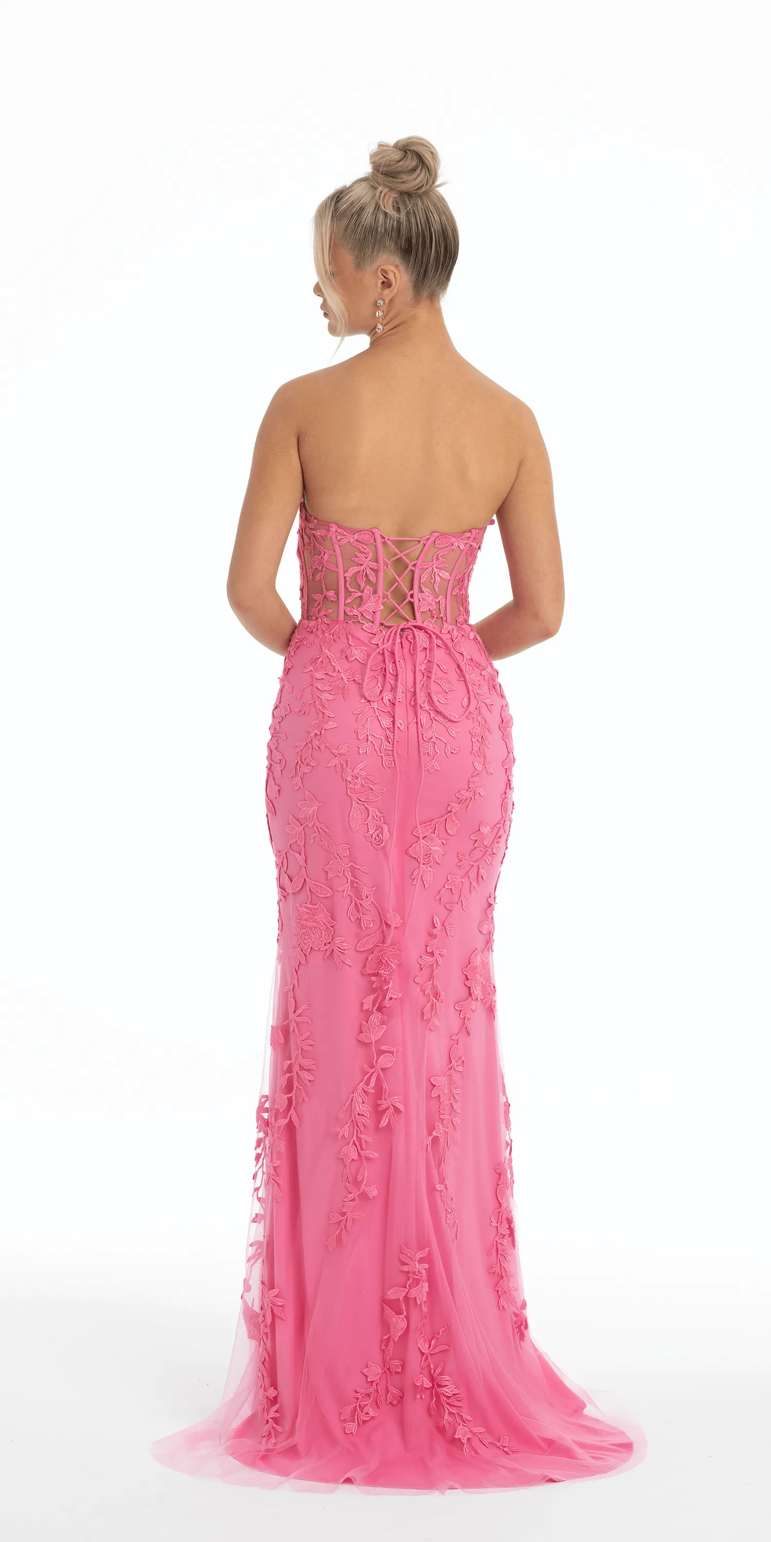 Rose Embroidered Illusion Corset Dress with Sweep Train