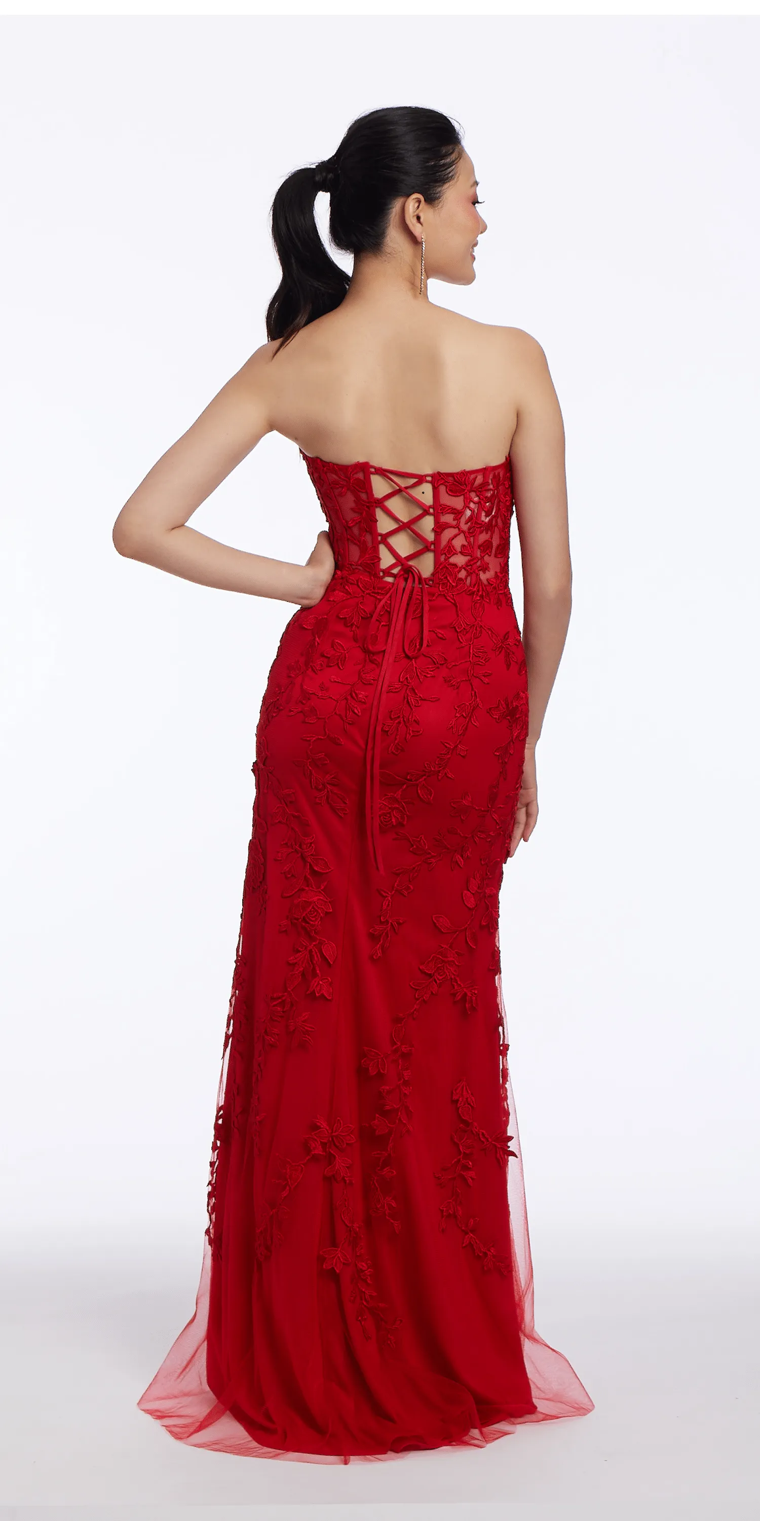 Rose Embroidered Illusion Corset Dress with Sweep Train