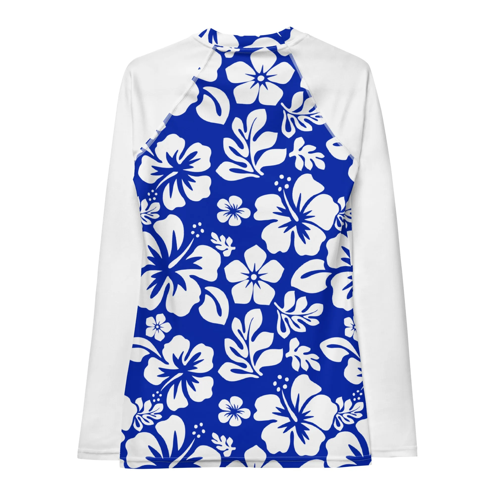 Royal Blue and White Hawaiian Flowers Women's Rash Guard with White Sleeves