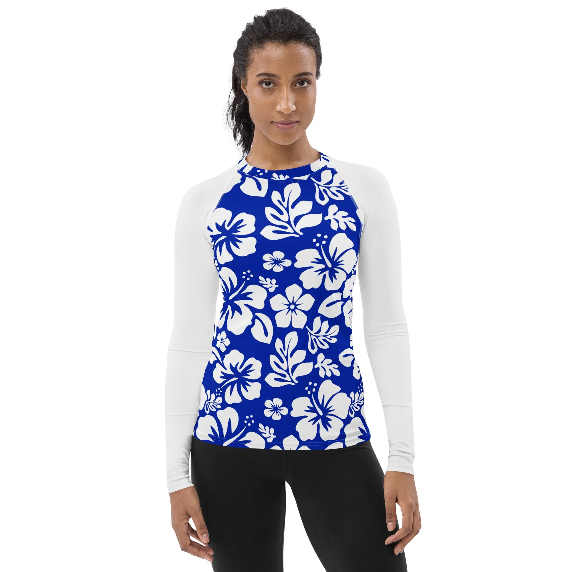 Royal Blue and White Hawaiian Flowers Women's Rash Guard with White Sleeves