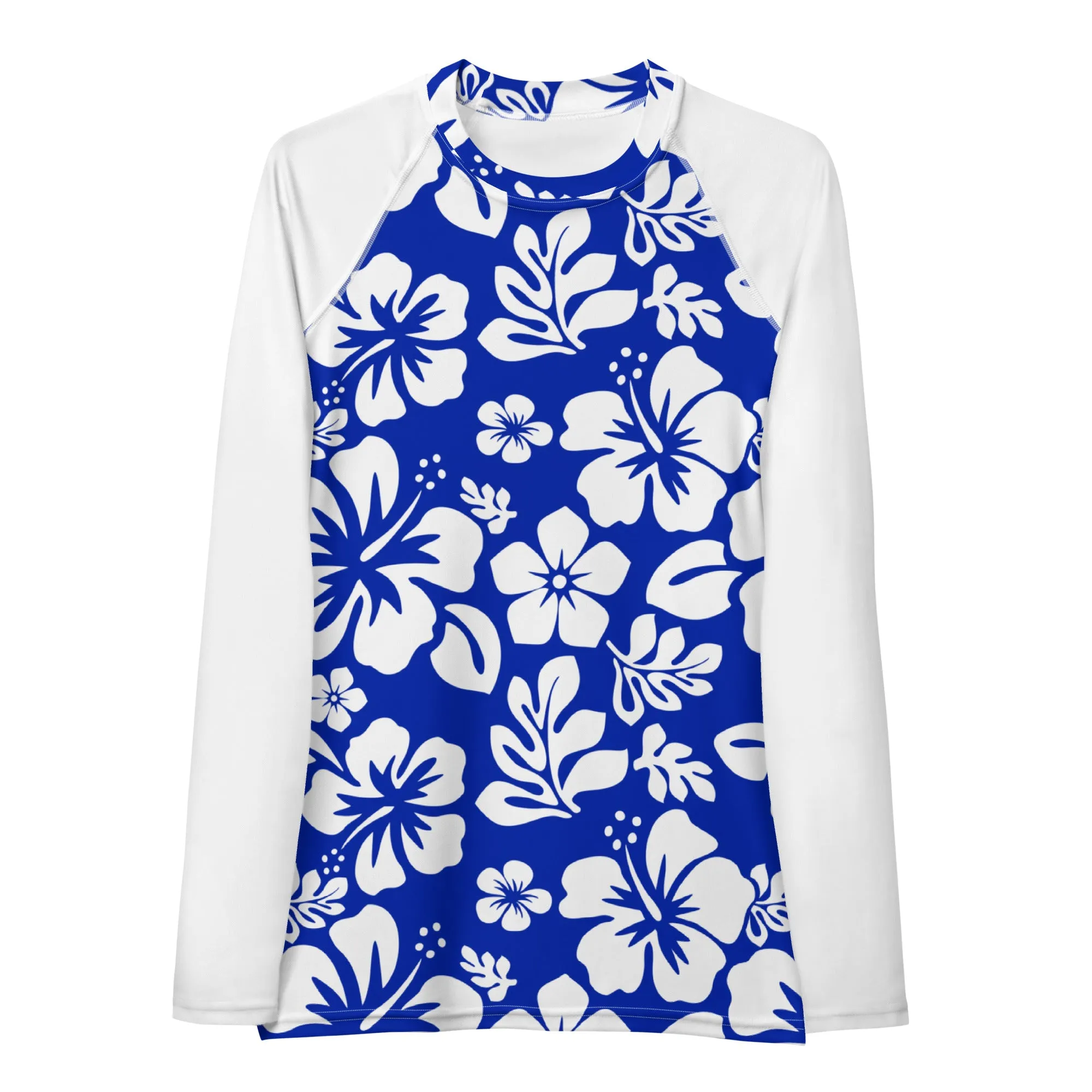 Royal Blue and White Hawaiian Flowers Women's Rash Guard with White Sleeves