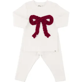 Ruffle Knit Vintage Red Bow Applique L/S 2pc. Set- Cream