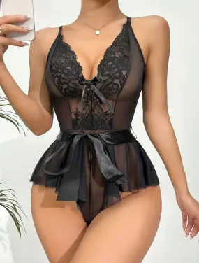 Seductive Lace Mesh Slip Teddy, Deep V Criss Cross Back Bodysuit,