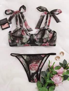 See Through Lingerie Set Black Bow Strap