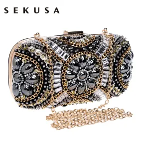 SEKUSA Crystal Evening Retro Beaded Clutch Wedding Diamond Beaded Rhinestone Small Shoulder Women's Bags