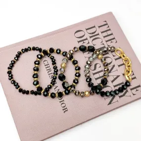 Set of Four | Glorious Gold Crystal Beaded Bracelet Set in Black