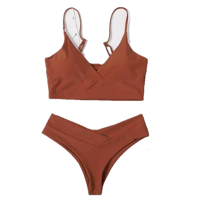 Sexy Women's High Waist Cotton Swimwear Solid Color