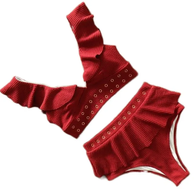 Sexy Women's High Waist Push Up Ruffle Swimsuit