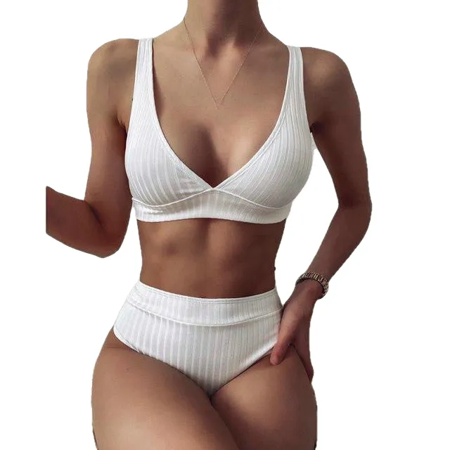 Sexy Women's High Waist V-neck Ribbed Push Up Bikinis