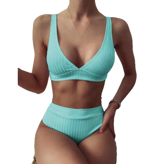 Sexy Women's High Waist V-neck Ribbed Push Up Bikinis