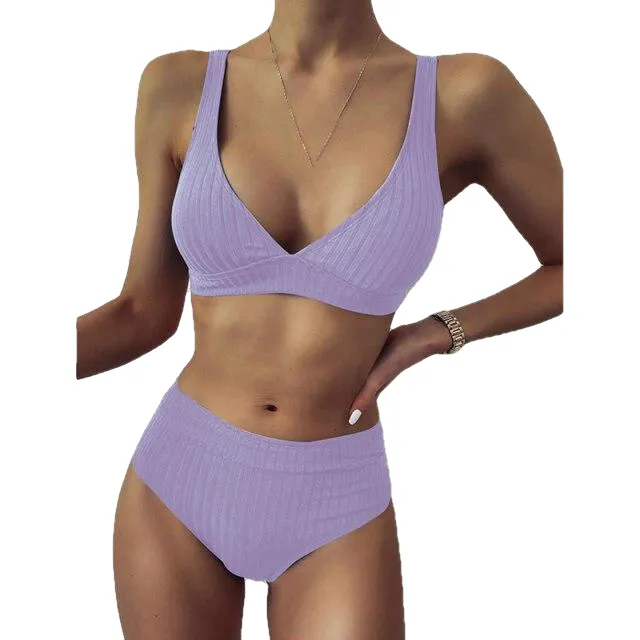 Sexy Women's High Waist V-neck Ribbed Push Up Bikinis