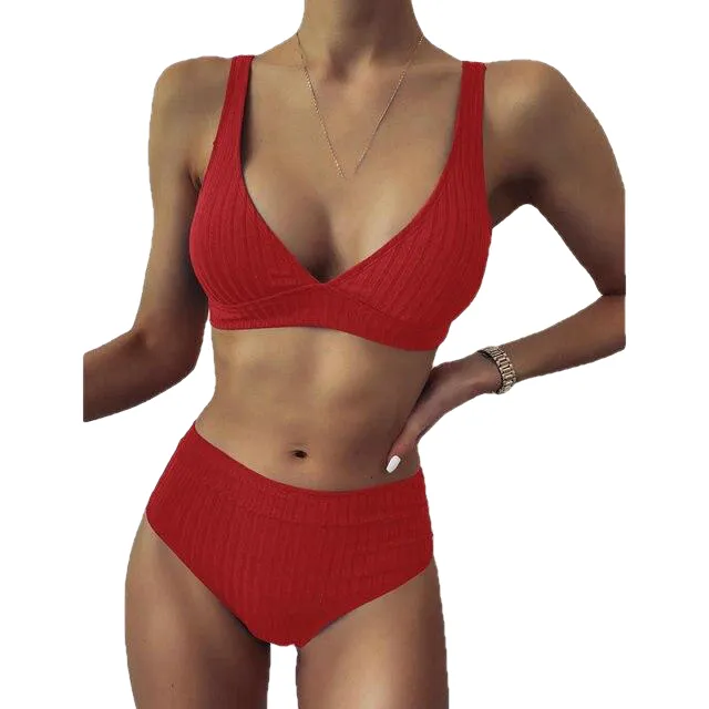 Sexy Women's High Waist V-neck Ribbed Push Up Bikinis