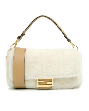 Shearling Fur Baguette Satchel with Leather Handle and Detachable Strap