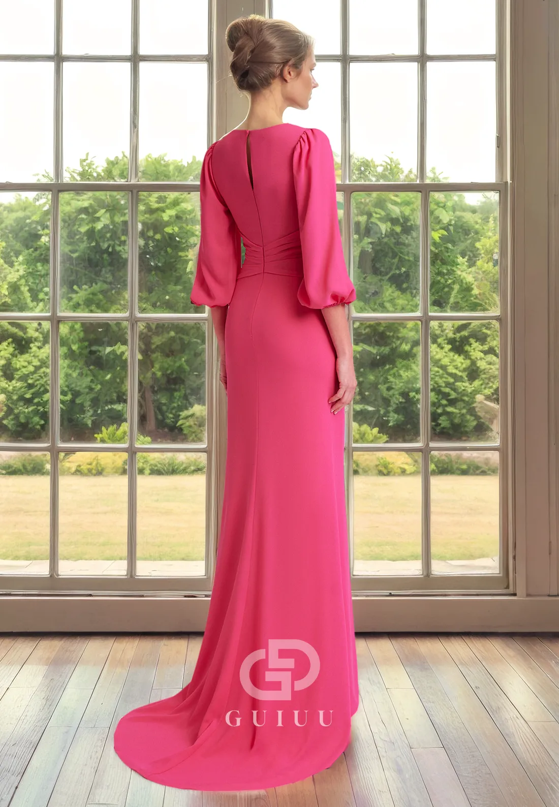 Sheath V Neck 34 Length Sleeves Pleated Back Zipper Mother of Bride Dress