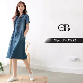 SHORT SLEEVE PLEATED DENIM DRESS