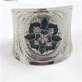 Silver Cuff Bangle Bracelet with Turquoise & Rhinestone Flower Accent