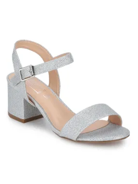 Silver Shimmer Ankle Strap Low Block Heels