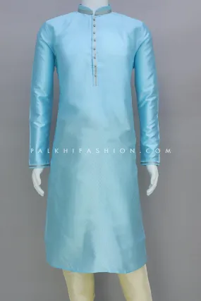 Sky Blue Color Soft Silk Mens Kurta Pajama