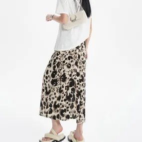 Slimming Elastic Waist Floral Print Split Hem Leopard-Print Mesh Skirt