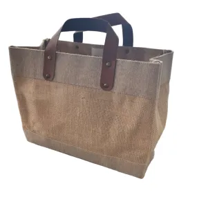 Small Burlap Tote Bags  (12.5" x 5.5" x 9.5") - Leather Handles & Inner Pocket - 100% Natural Jute