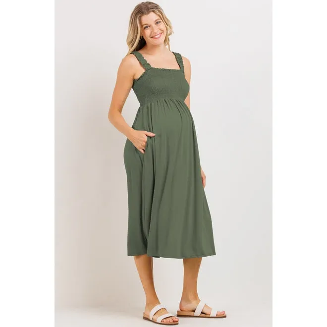 Smocked Bodice Maternity Jersey Midi Dress - Olive