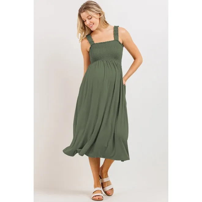 Smocked Bodice Maternity Jersey Midi Dress - Olive