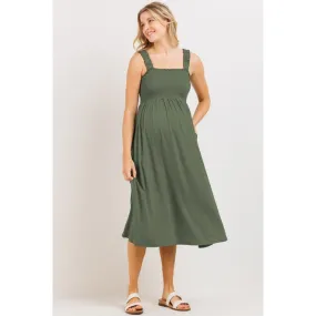 Smocked Bodice Maternity Jersey Midi Dress - Olive