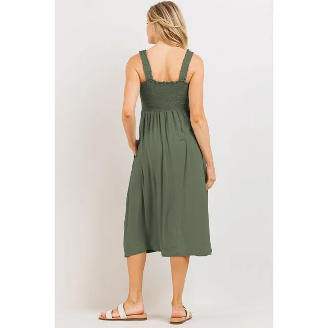 Smocked Bodice Maternity Jersey Midi Dress - Olive