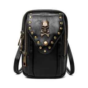 Sohiwoo Gothic Mini Crossbody Bag Punk Skull & Studded Decor Phone Purse Vintage PU Leather Shoulder Bag