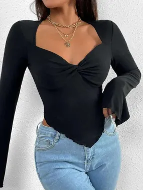 Solid V Neck Ruched Irregular Hem Knit Long Sleeve Tee