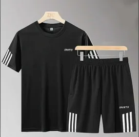 Sporty Black Men's Two-Piece Set Striped SS Round Neck & Shorts