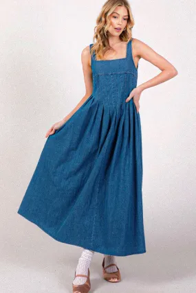 Square Neck Smocking Back Detail Denim Midi Dress