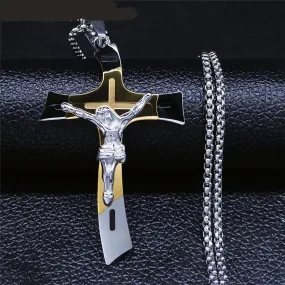 Stainless Steel Two-Tone  Cross Jesus Pendant Necklace