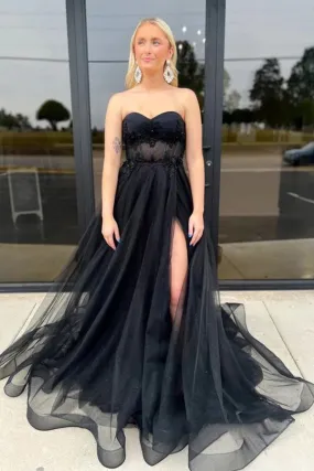 Strapless Black Tulle Long Prom Dresses,Evening Gown