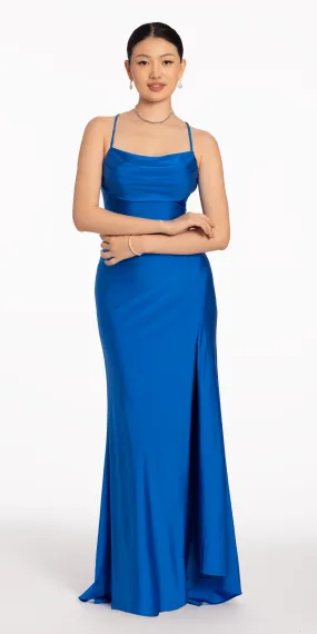 Stretch Satin Drape Front Tie Back Halter Dress