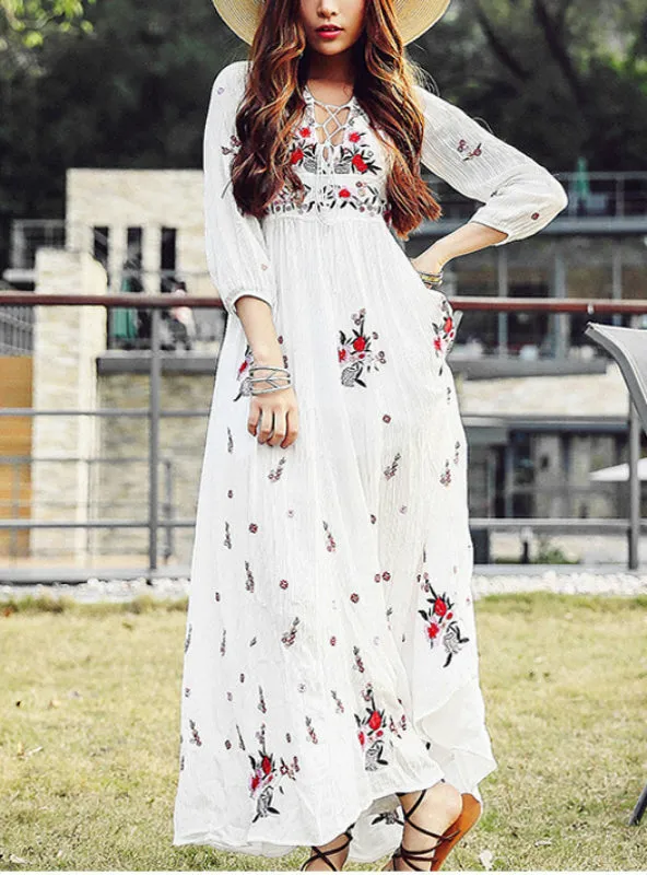 TastyHottie - Floral Embroidery Tassel Casual Maxi Dresses