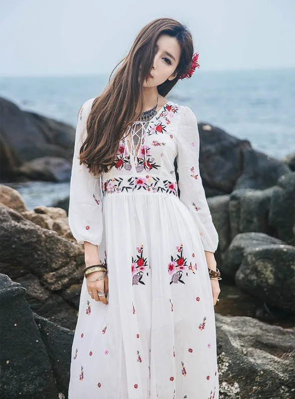 TastyHottie - Floral Embroidery Tassel Casual Maxi Dresses