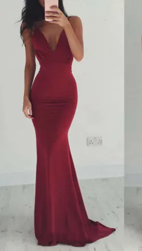 The Nevaeh Deep V Open Back Mermaid Gown Cherry Red