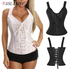 Top Over-bust Waist Trainer Corset Vest Satin Gothic Corselet Lace Up Cropped