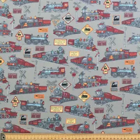 Trains & Railways Grey Cotton Print