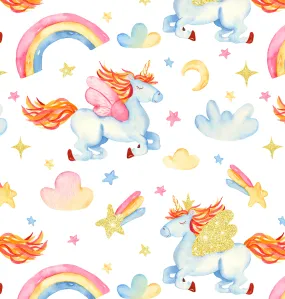 Unicorn Fabric, Yellow, Orange, Blue and Pink Unicorns, Cotton or Fleece, 3411