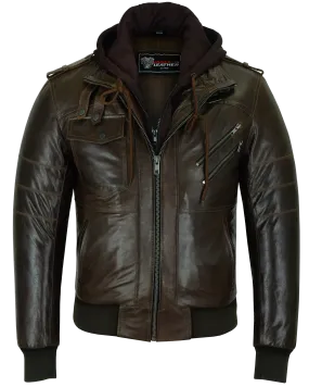 Vance Leather Men's Vincent Brown Waxed Premium Cowhide Motorcycle Leather Jacket with Removable hood