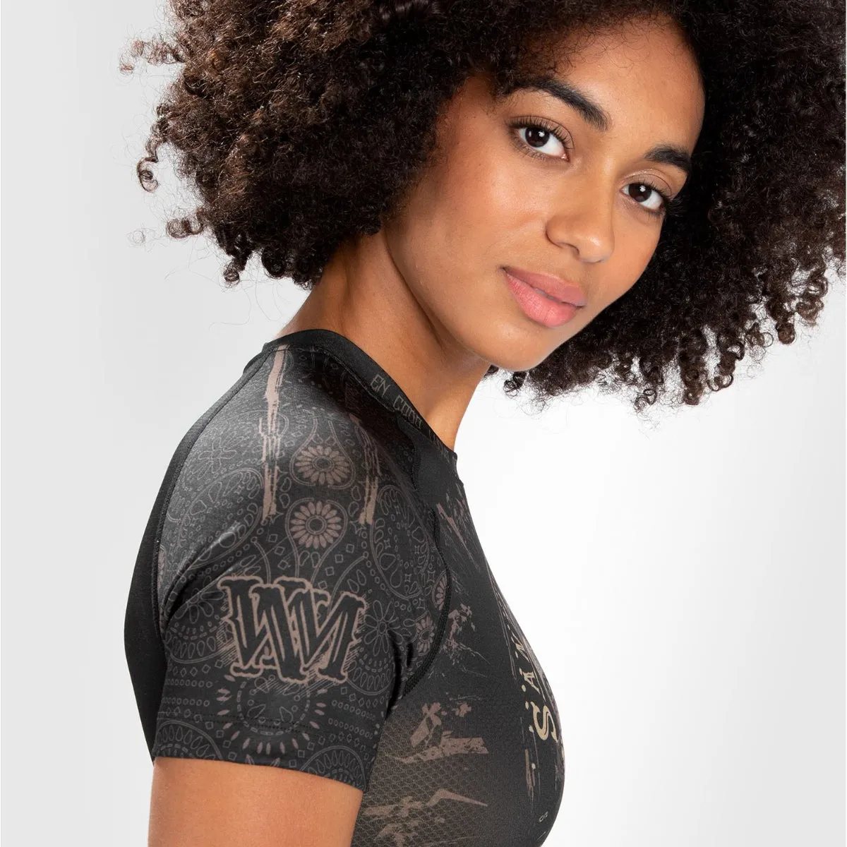 Venum Womens Santa Muerte Dark Side Short Sleeve Rash Guard Black/Brown