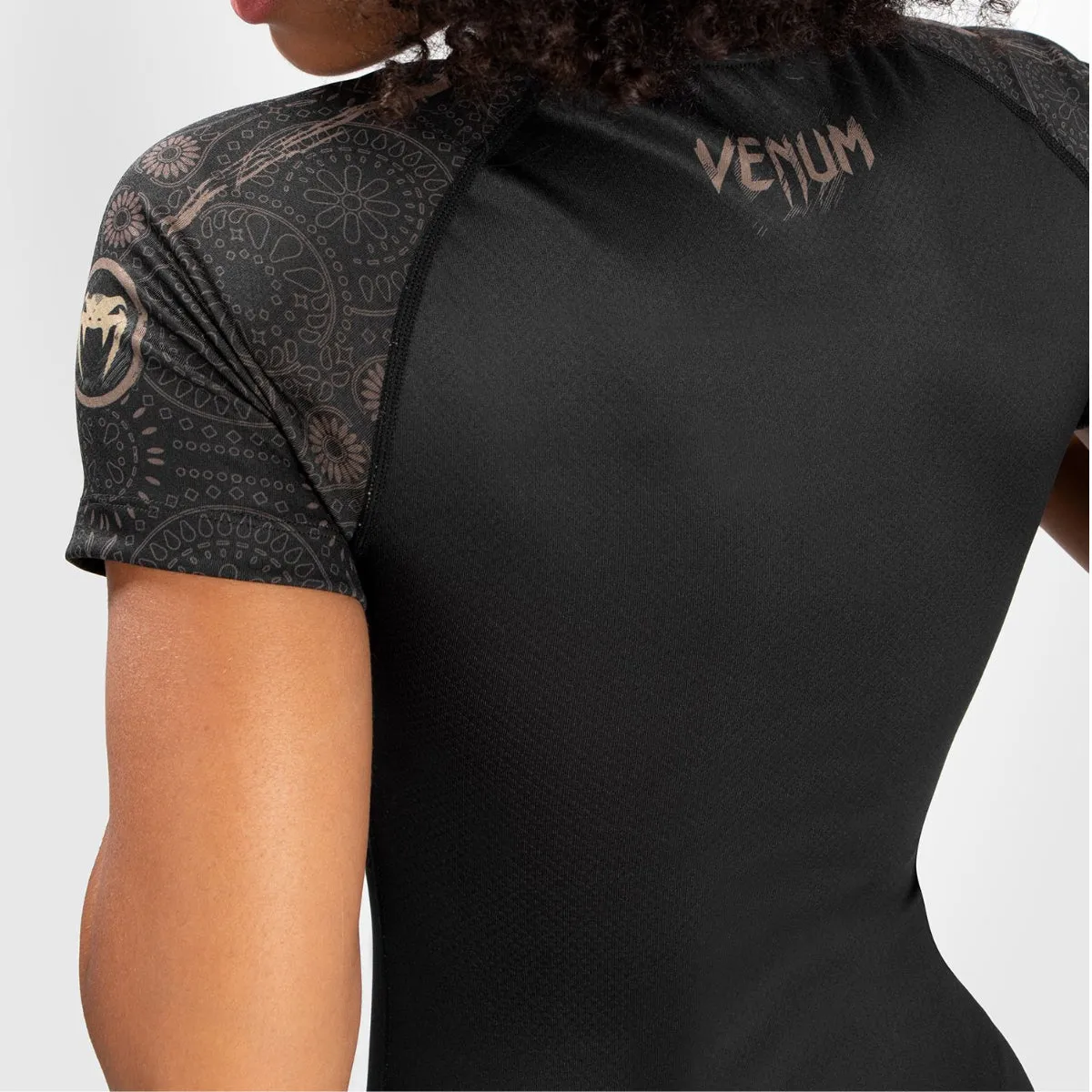 Venum Womens Santa Muerte Dark Side Short Sleeve Rash Guard Black/Brown