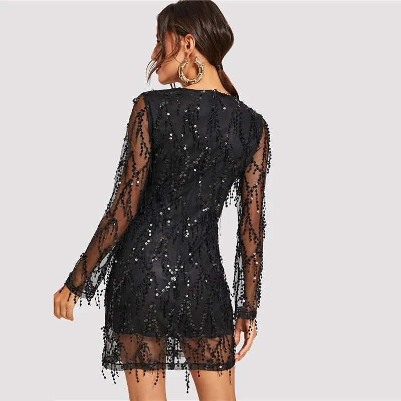 VenusFox Black Sheer Mesh Fringe Party Dress