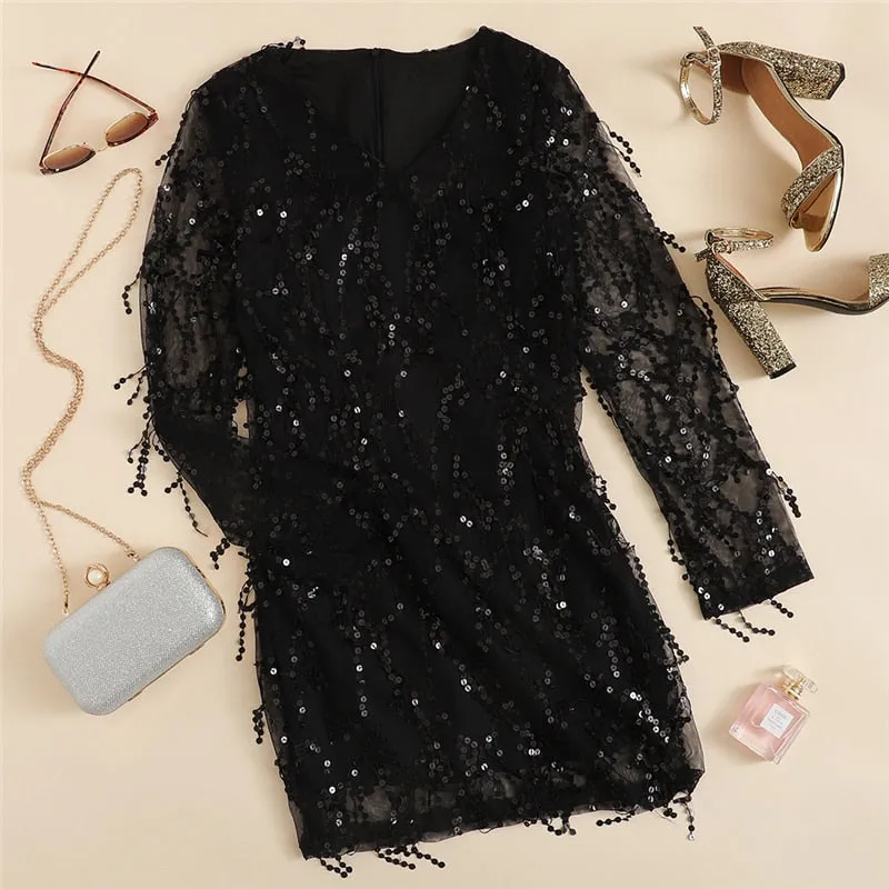 VenusFox Black Sheer Mesh Fringe Party Dress