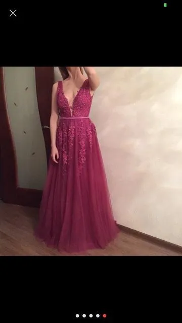 Vestido de festa Evening Dress Robe De Soiree V Neck with Lace Appliques Long Tulle Party Evening Dresses 2018 Pink Navy Blue