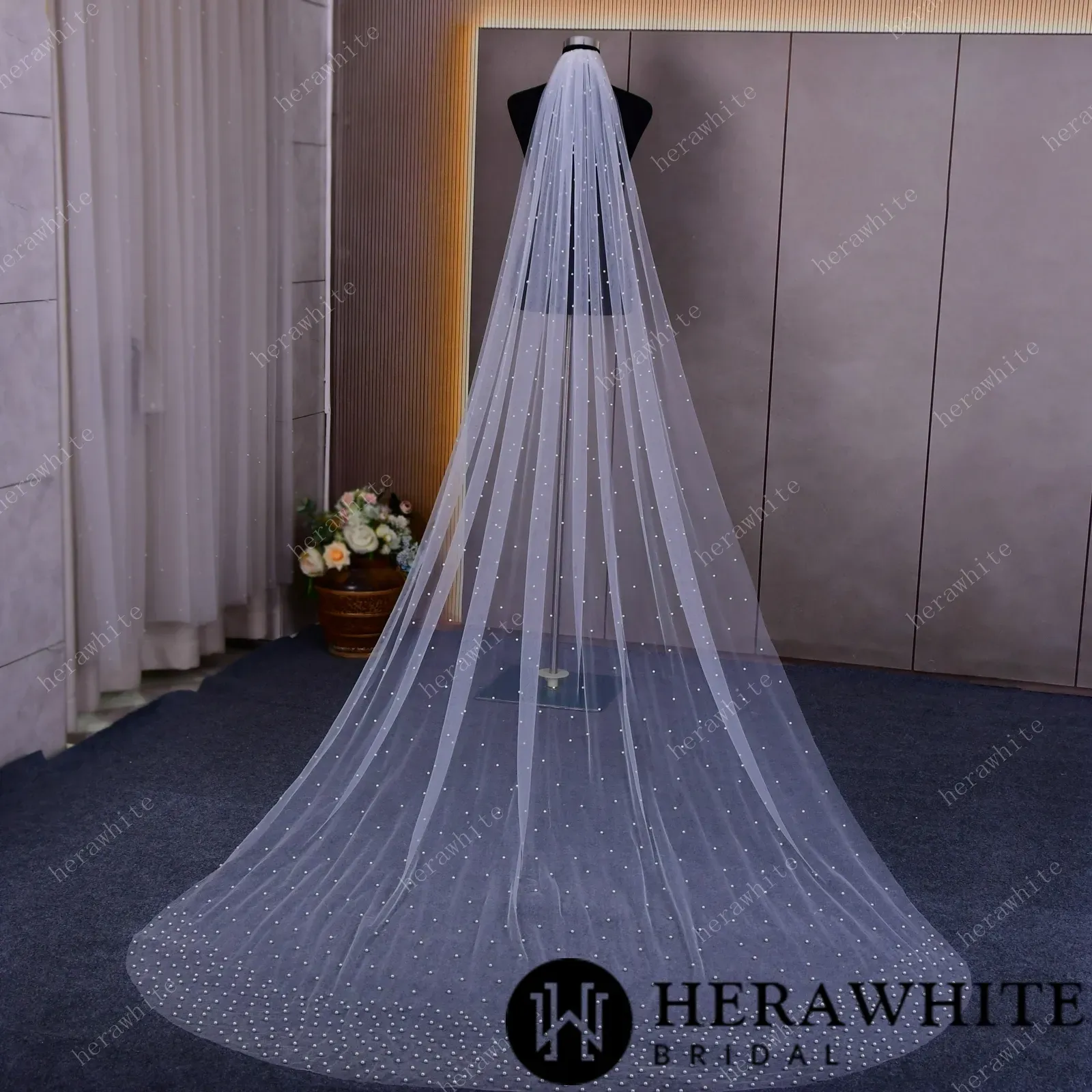 Waltz-Length Bridal Veil Scattered Pearls Wedding Veil