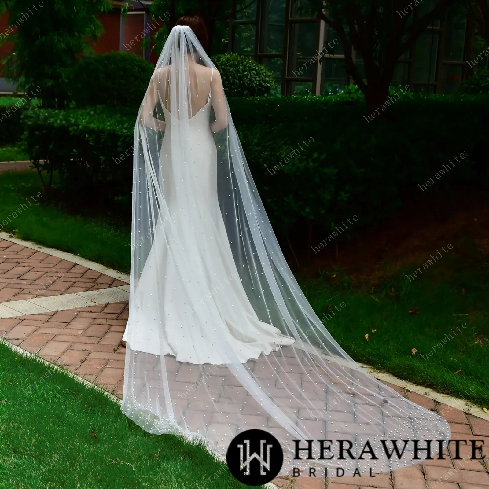 Waltz-Length Bridal Veil Scattered Pearls Wedding Veil