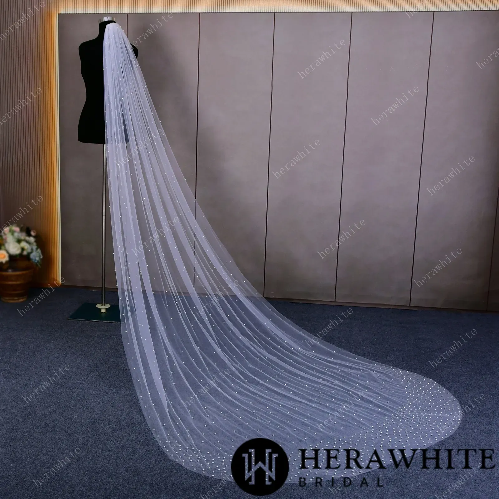 Waltz-Length Bridal Veil Scattered Pearls Wedding Veil